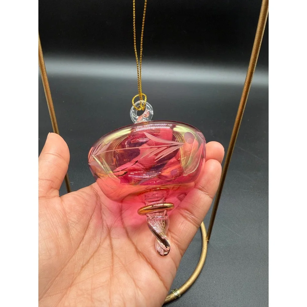 Vintage Iridescent Pink Hand‎ Blown Glass Ornament Etched Floral Gold Trim 3